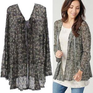 LOGO BY LORI GOLDSTEIN Printed Sheer Lace Cardigan with Tie Gray ish Floral Boho